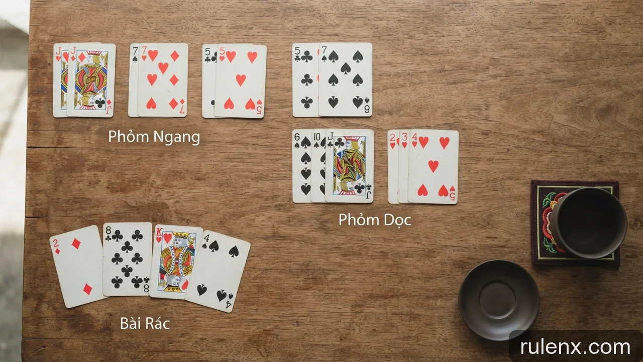 Minh họa: Bài tá lả phỏm: Định nghĩa thế nào là phỏm ngang và phỏm dọc hợp lệ