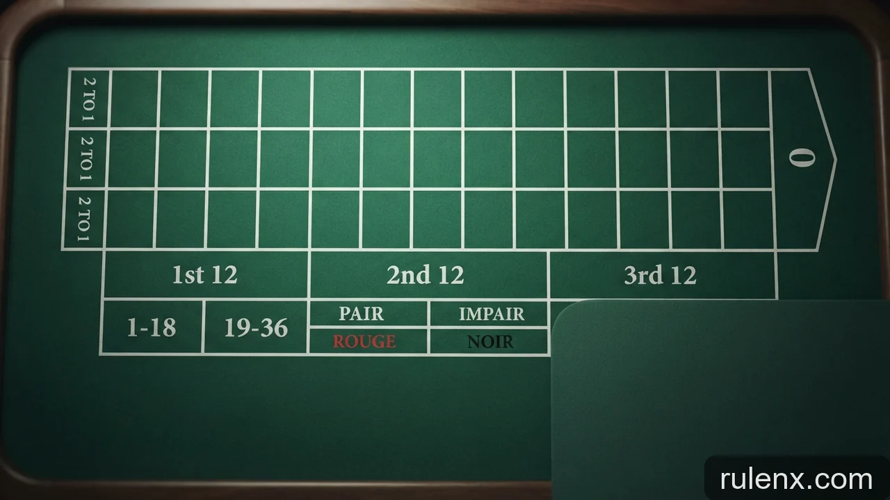 Minh họa: Cấu trúc bàn cược roulette: Phân vùng cược trong và cược ngoài