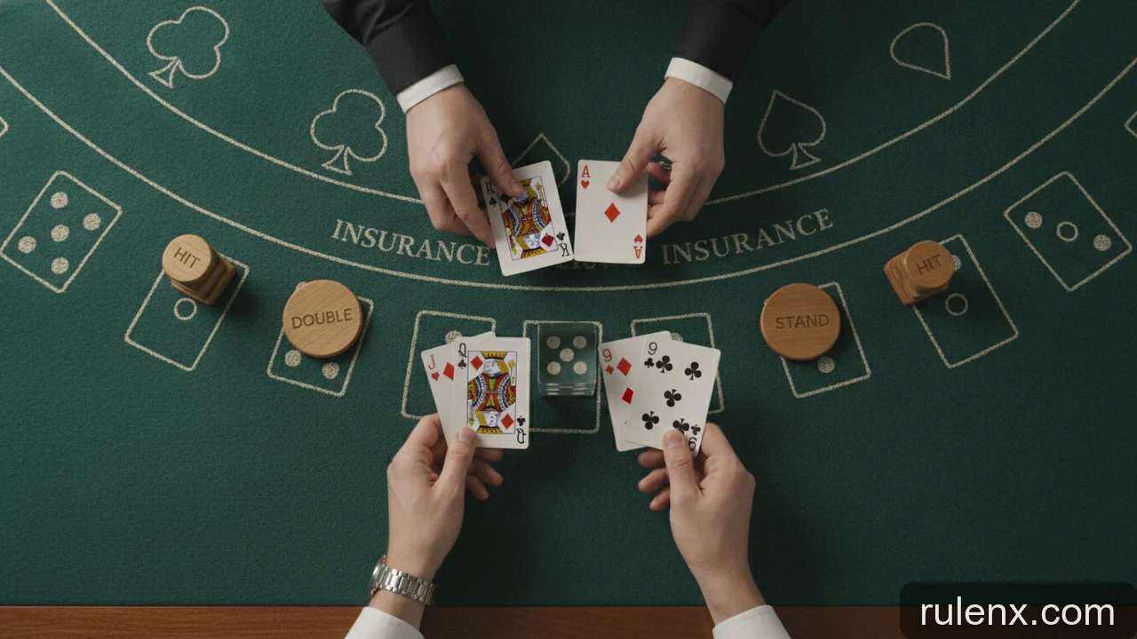 Minh họa cho Luật Blackjack cơ bản: hit, stand, double, split và bảo hiểm