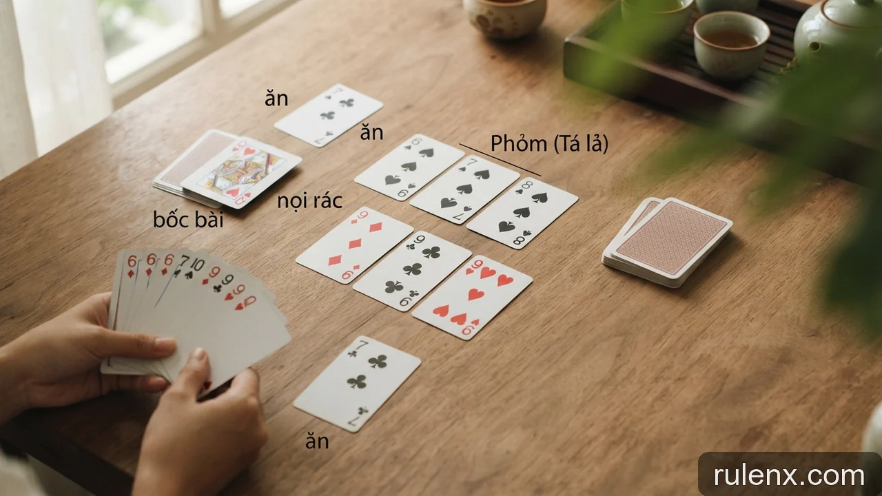 Minh họa: Phỏm: quy trình bốc, đánh, ăn và hạ bài theo một vòng