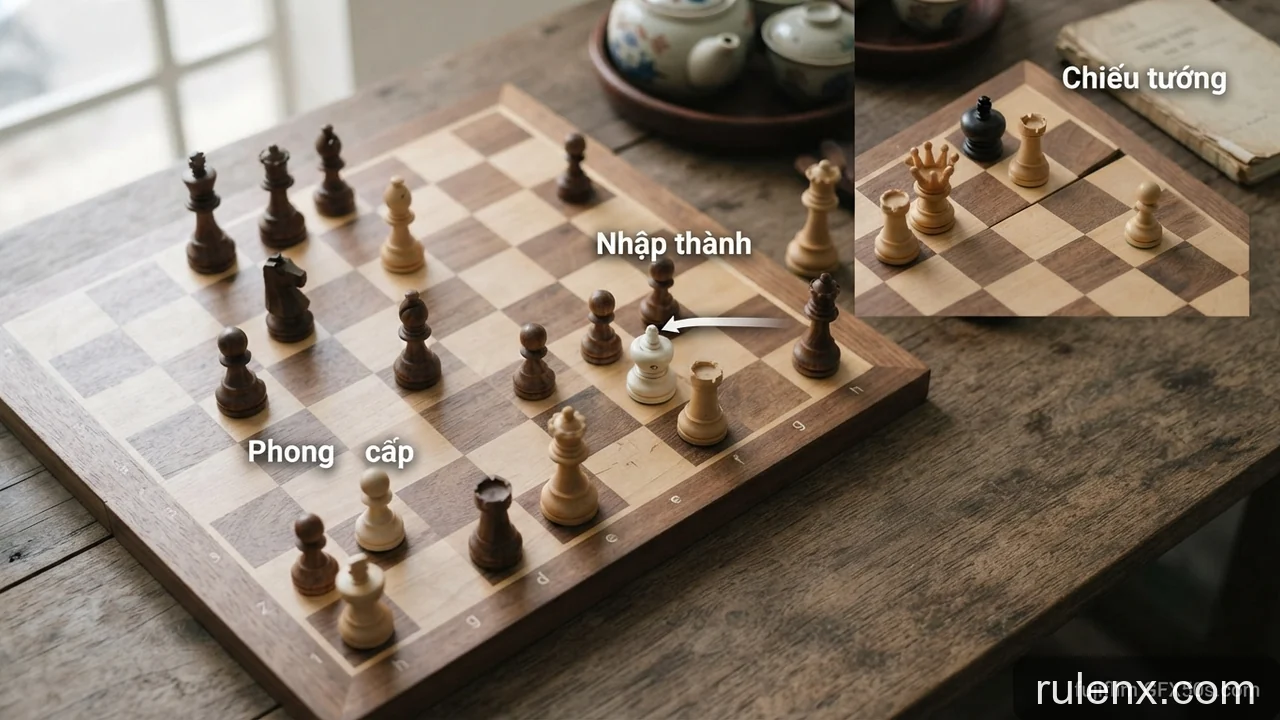 Minh họa: Thuật ngữ trong cờ vua: Giải mã ý nghĩa của chiếu tướng, nhập thành và phong cấp